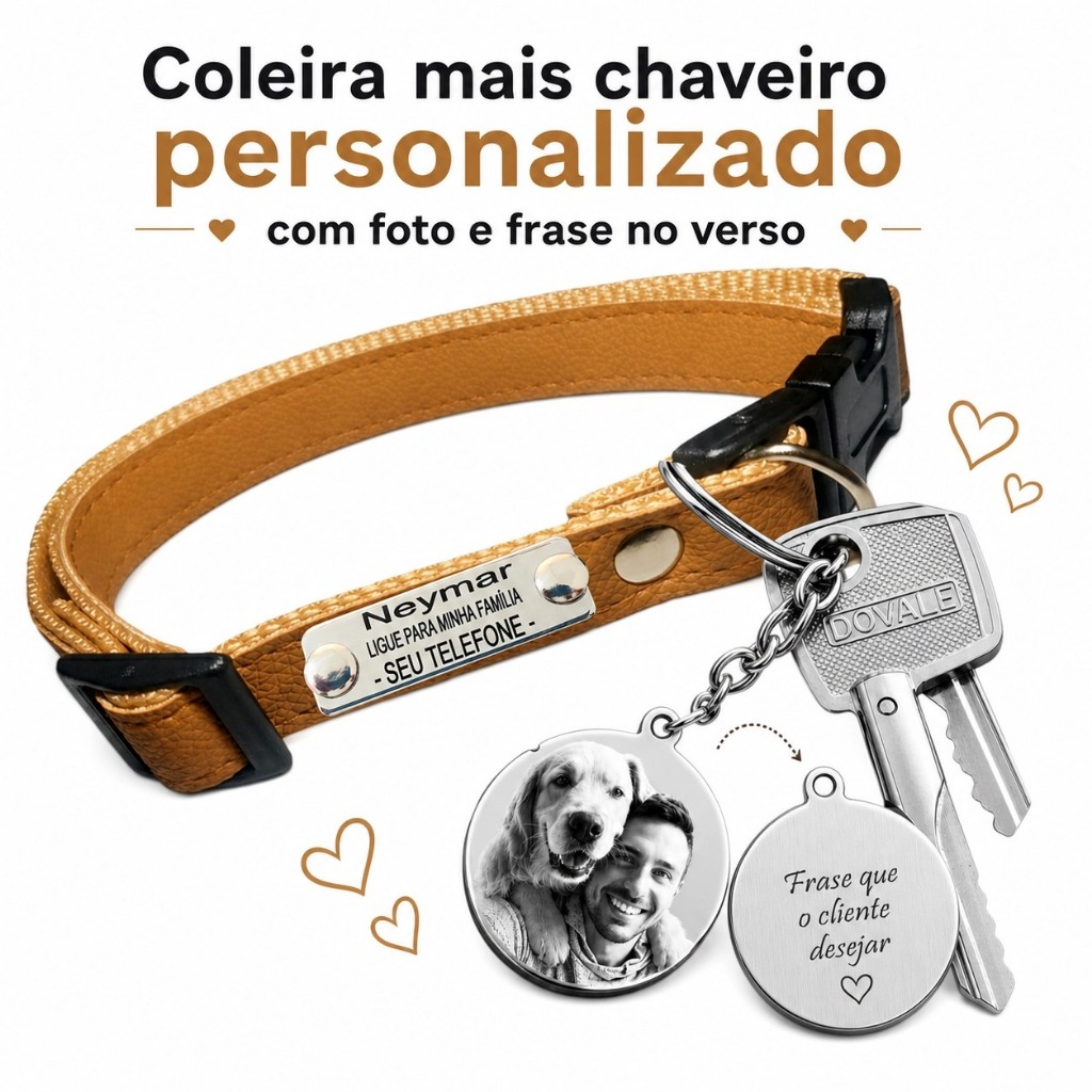 Coleira Personalizada com Nome e Telefone para Cachorro Mais Chaveiro Exclusivo Personalizado