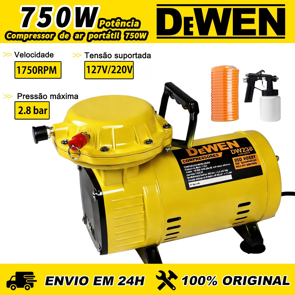 Compressor de Ar Direto 40 PSI 250W 65L/MIN com Kit de Acessórios Design Sem Óleo