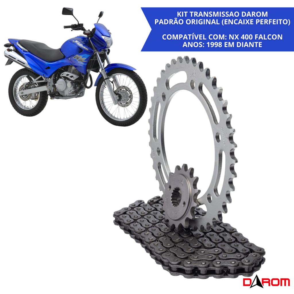 Kit Relação Transmissão Darom NX4 Falcon 400 1998 A 2008 Corrente 520H 106 Elos Coroa 40 Dentes Pinhão 15 Dentes