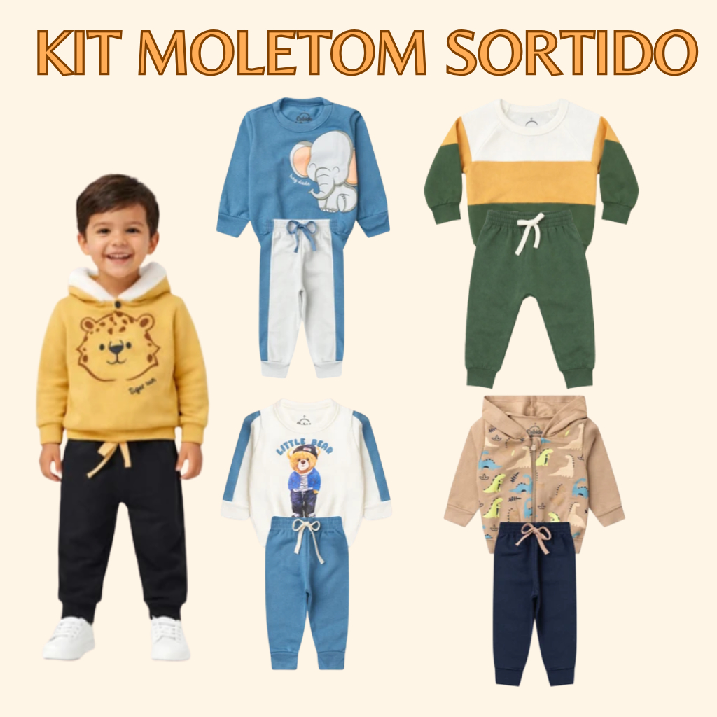 KIT 2 CONJUNTO INFANTIL INVERNO MOLETOM E CALÇA PELUCIADO MENINO 4 PEÇAS