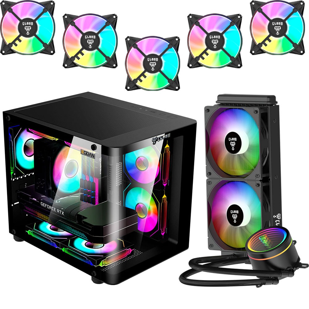 Gabinete Gamer Clanm Rodan Preto Vidro Temperado Kit 5 Fans RGB e Water Cooler 240mm Mid Tower ATX