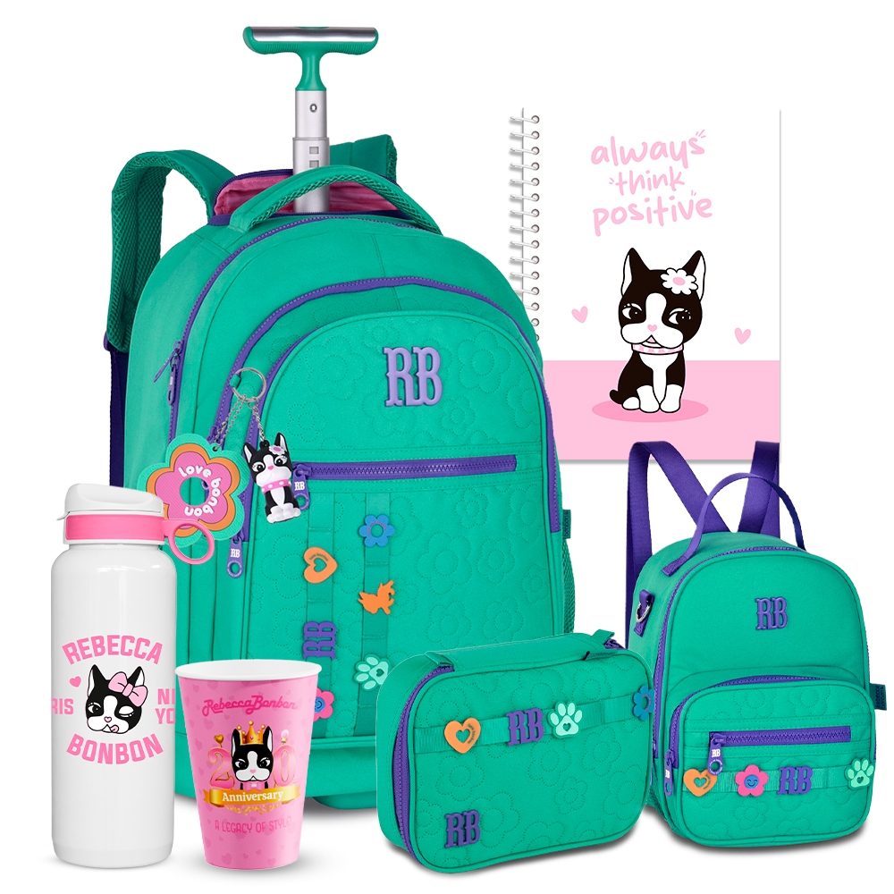 Kit Mochila de Carrinho Rebecca Bonbon Com Estojo E Lancheira Jeans e Copo RB