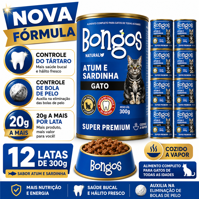 Kit 12 Ração Úmida Bongos 300g Super Premium para Gatos Controle de bola de pelos e Tártaro