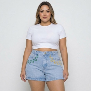Short Jeans Plus Size Liso Barra Feita Bordado Brasil Copa