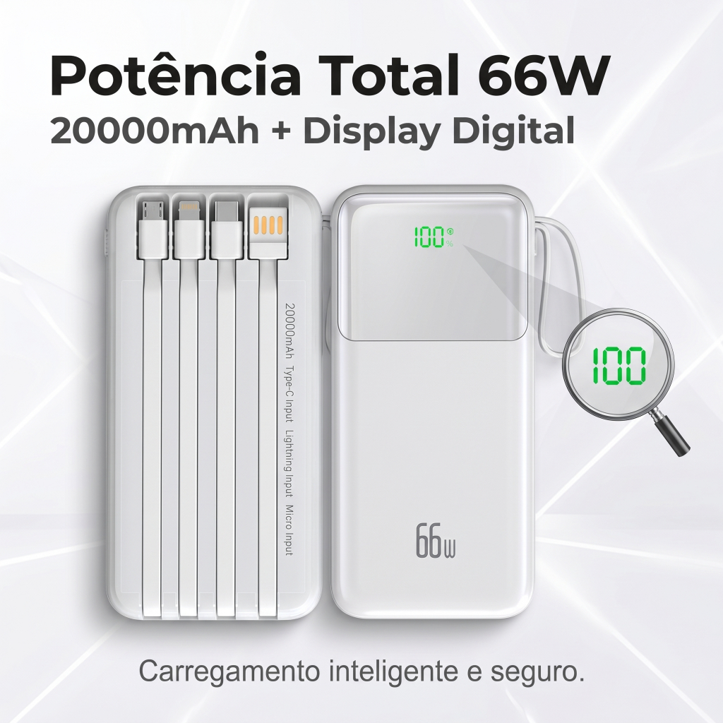 Carregador portátil Power Bank com Visor Digital 20000mah 66W Carregamento rápido