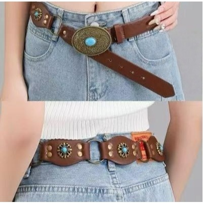 Cinto Feminino Western com Pedras Turquesa, Estilo Boêmio, Cinto Vintage para Jeans