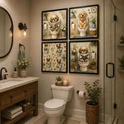 Kit 4 Quadros Decorativos Cachorrinhos no Banheiro Premium Diversão Charme e Humor para seu Lavabo