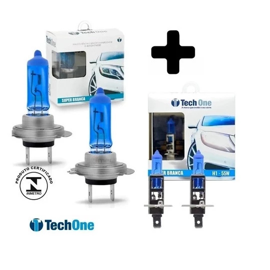 Kit Lâmpadas Techone Super Branca  1 Par H7 + 1 Par H1 Efeito Xenon 8500k