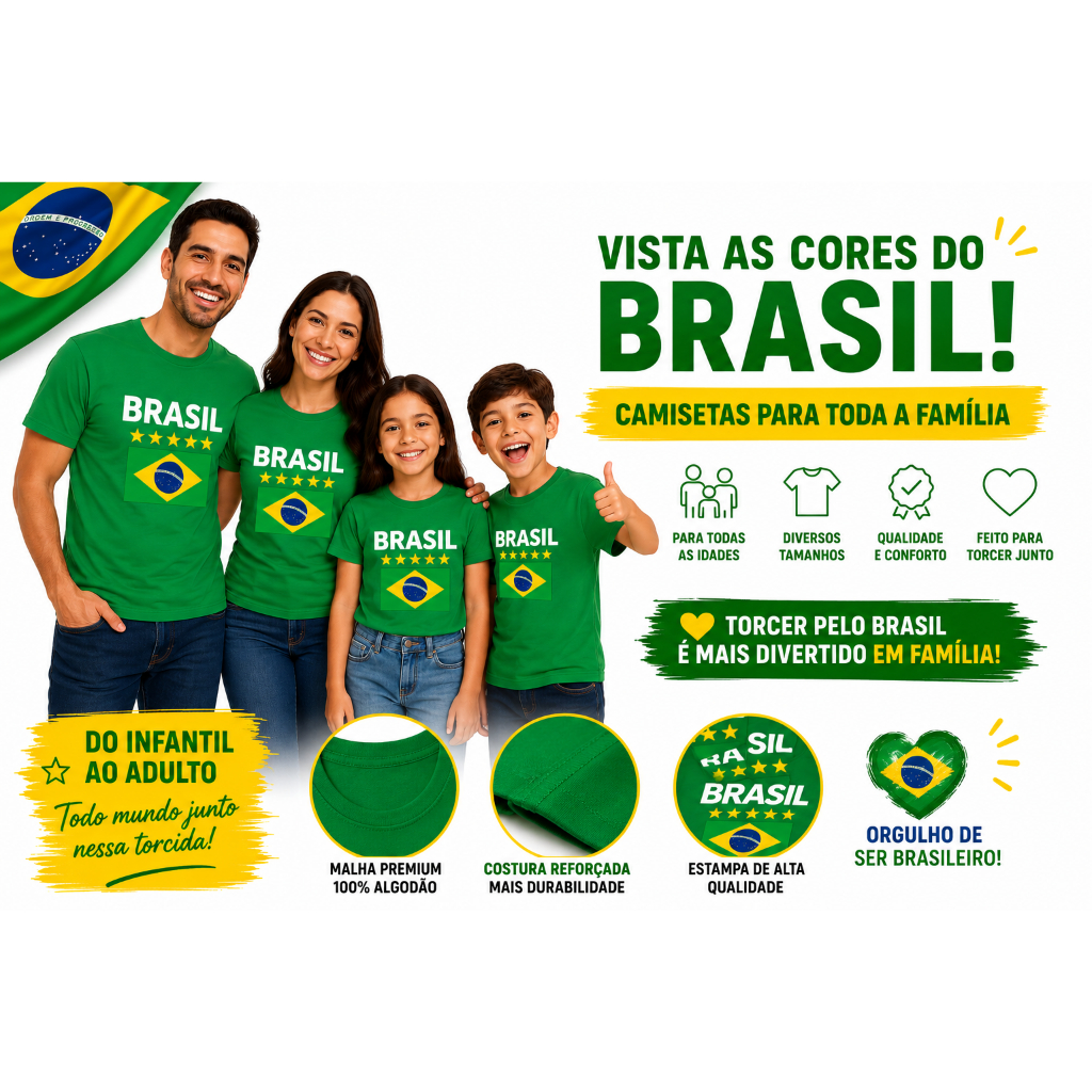 Camiseta Brasil Torcedor Masculina Feminina Infantil Estampa Bandeira Do Brasil