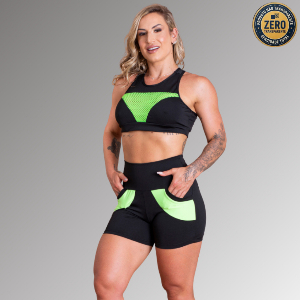 Conjunto Fitness Feminino Short Com Bolso Frontal E Top Nadador Sustentação Tela Academia Treino RIQ Modas