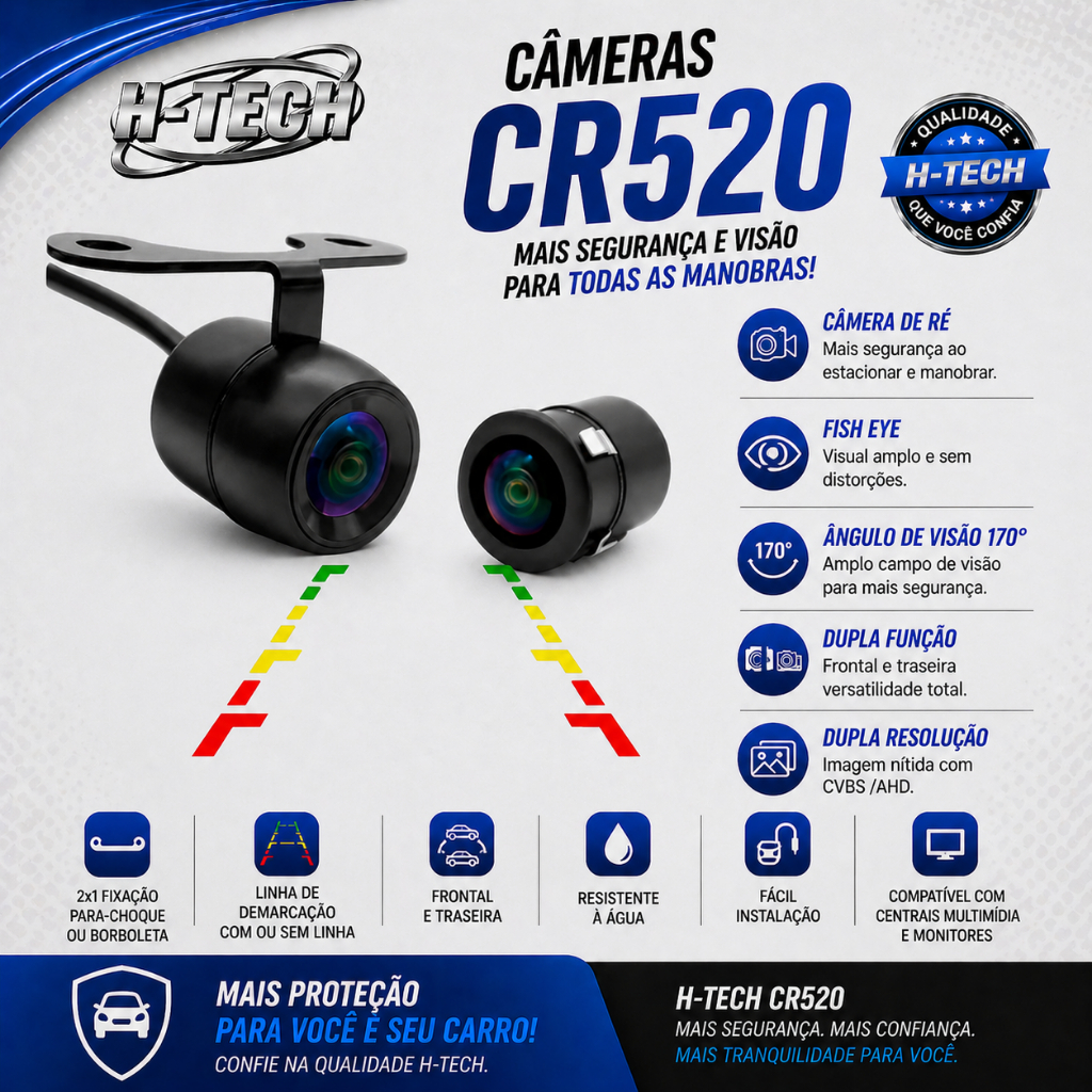 Câmera De Ré H-Tech CR520 Fish Eye 170 Graus AHD CVBS Universal
