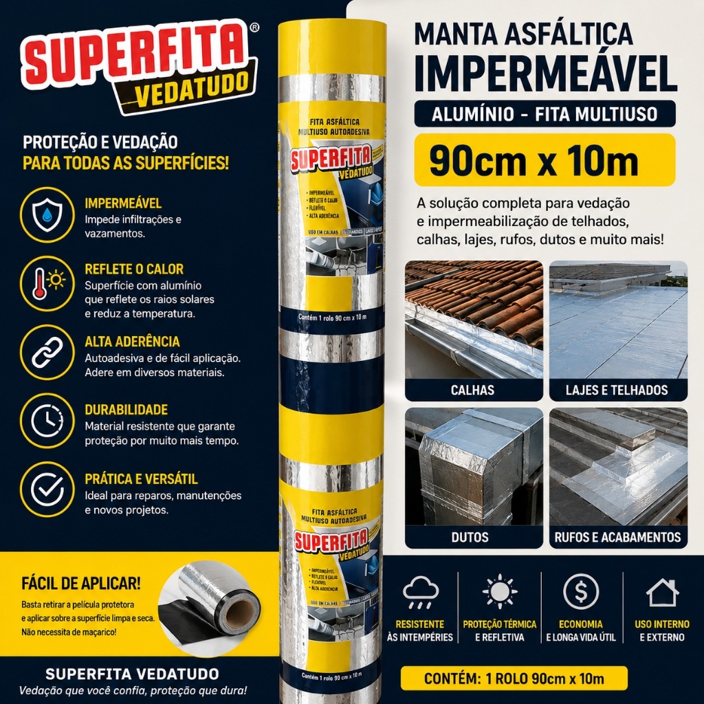Manta Asfáltica Impermeável Alumínio Fita Multiuso Auto Adesiva 90cmx10m Superfita