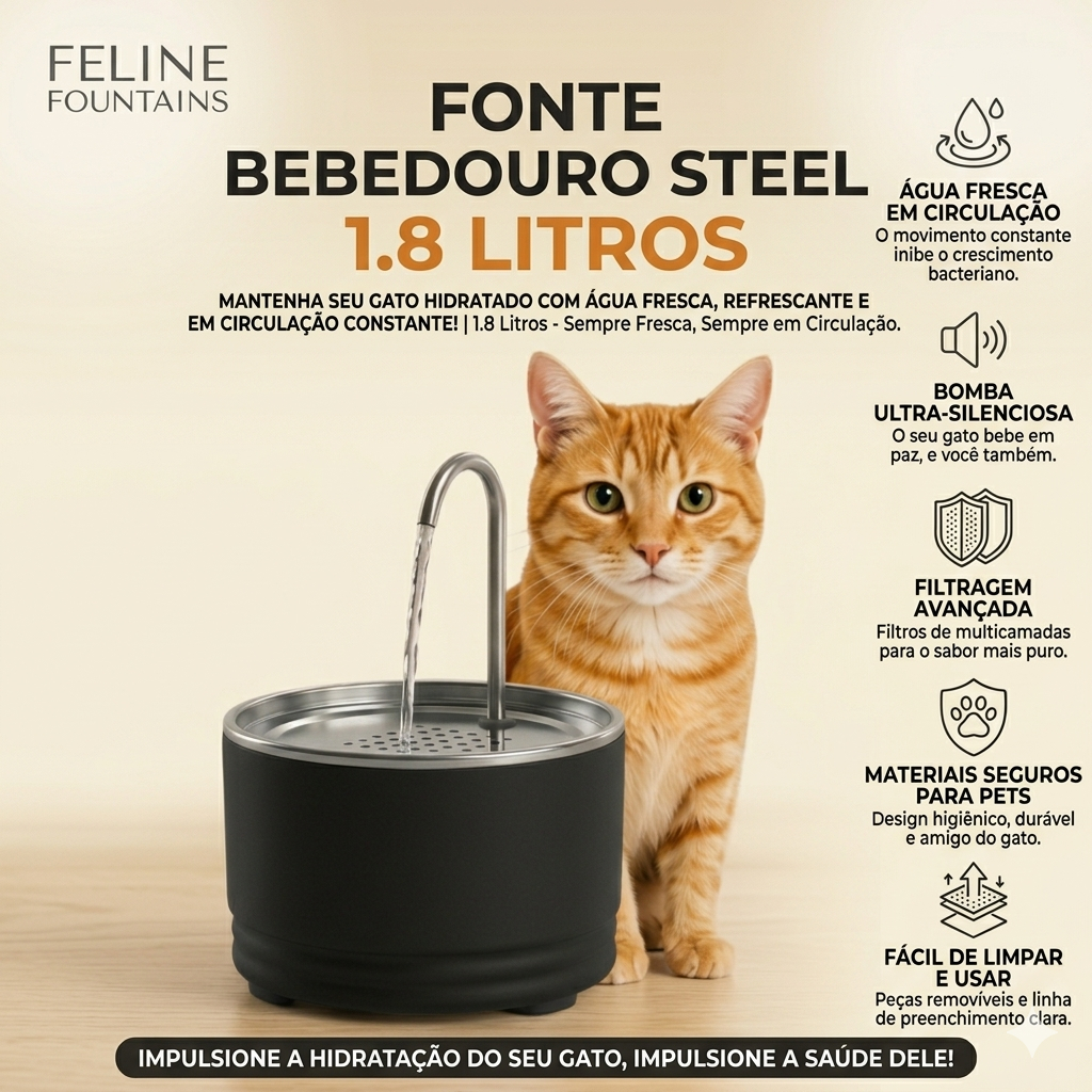 Fonte Bebedouro Steel 1.8L Inox para Gatos - Água Fresca e Filtrada - Super Silenciosa