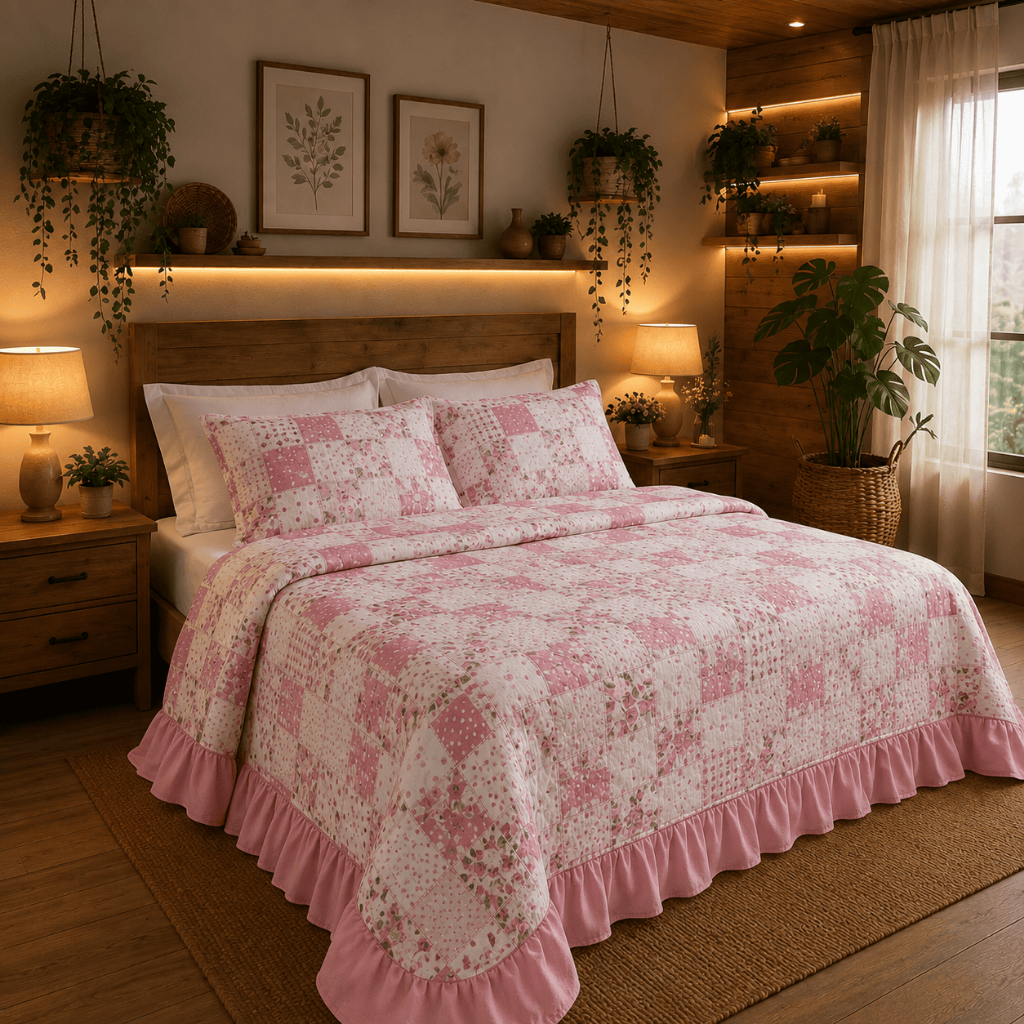 Colcha Queen Com Babado Cama Posta Box Kit 3 Peças Cobre Leito Floral Estampado