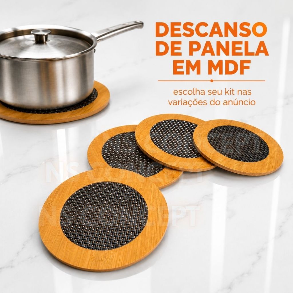 Kit Descansos de Panela De Bambu MDF 14,5cm Antiderrapante Elegante Proteção Mesa Suporte Panelas Quentes Cozinha