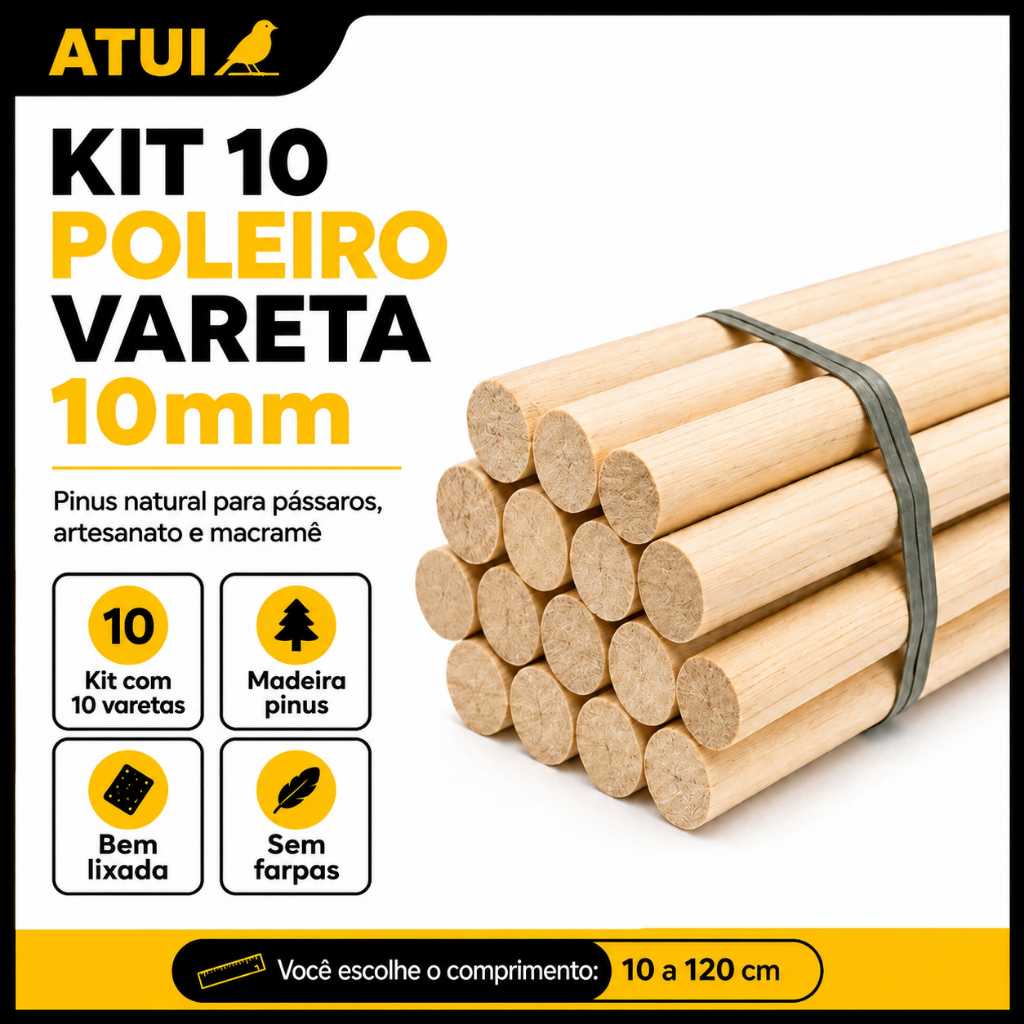 Kit 10 Poleiro Vareta 10mm Pinus Para Canário Periquito Manon Gaiola Viveiro Artesanato Macramê