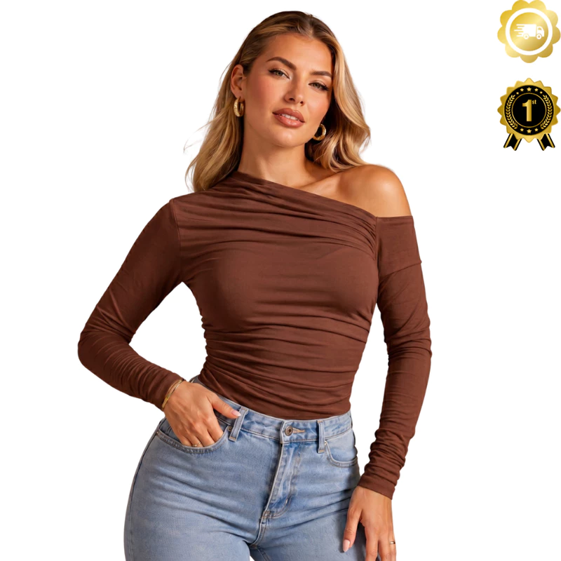 Blusa Feminina Suplex com Manga Longa Comprida Assimétrica Casual Premium Drapeada Verão Elegante