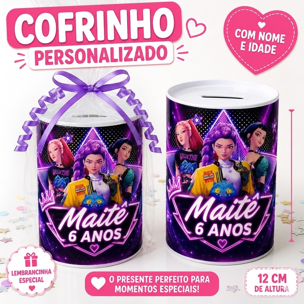 Cofrinho Personalizado Tema Guerreiras do Kpop | Com Nome e Idade | Lembrancinha Aniversário Todos os temas
