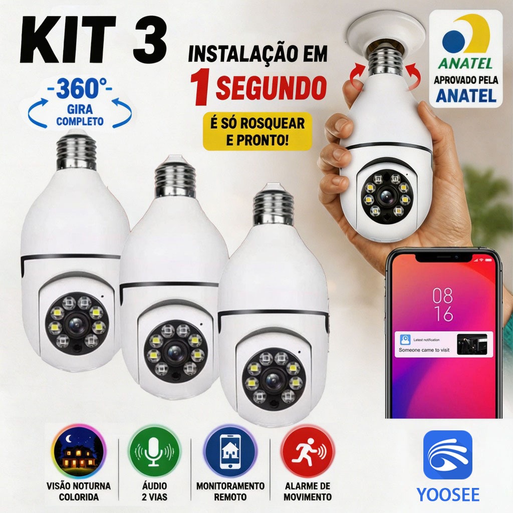 Kit 3 Câmeras Segurança WiFi 2.4G 360 Graus Encaixe Lampada App PTZ Full HD Visão Noturna
