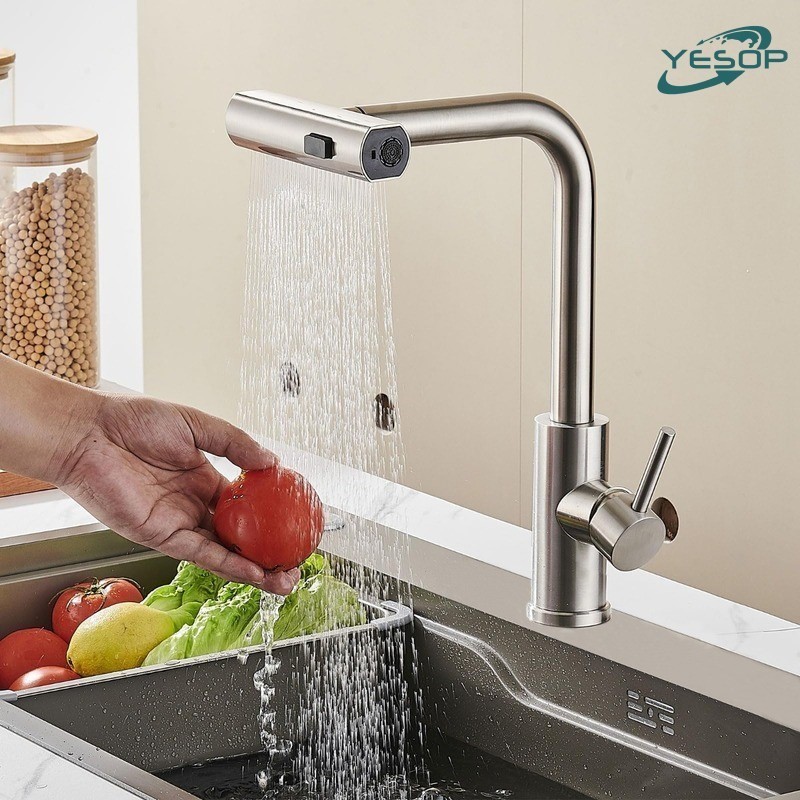 YESOP Torneira Cascata Cozinha Bancada Gourmet Com Pulverizador Removível Cor Prata Escovada
