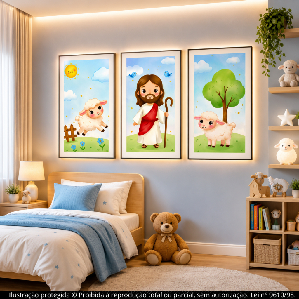 Kit Quadros Decorativos 3 Peças Jesus Bom Pastor Infantil com Ovelhinhas para Quarto de Bebê Menino Decoração Cristã