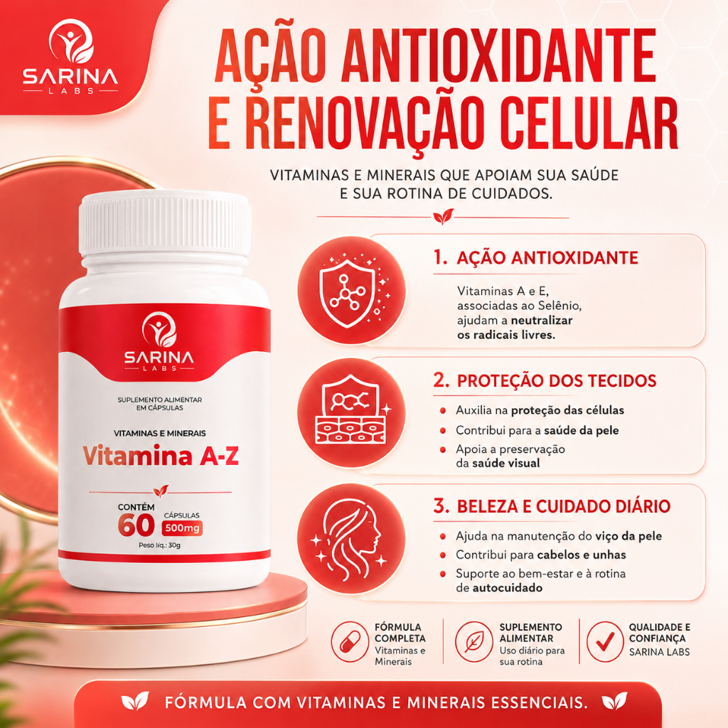 Vitamina A-Z Multivitamínico Polivitamínico 60 Cápsulas 500mg Suplemento Imunidade Energia Sarina Labs