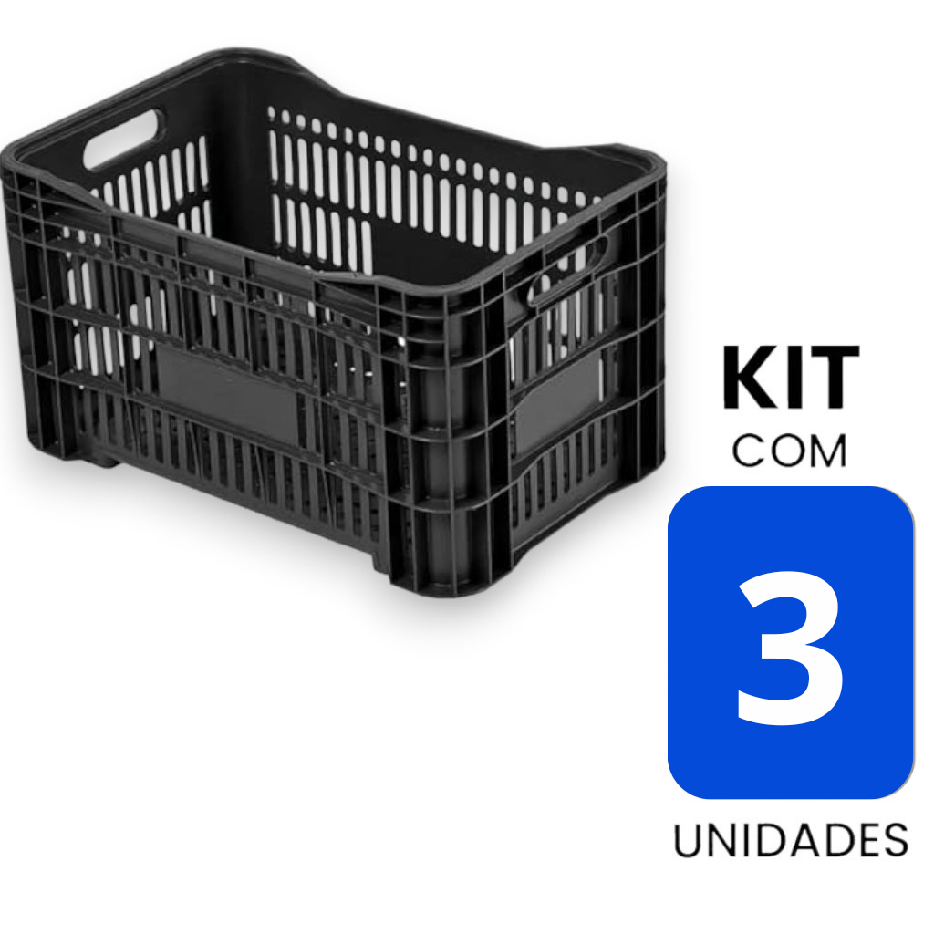3 Caixas Plásticas Hortifrúti Agrícola 52L Vazada Mercado Feira Organizacao Rancho Mercado Reforçada
