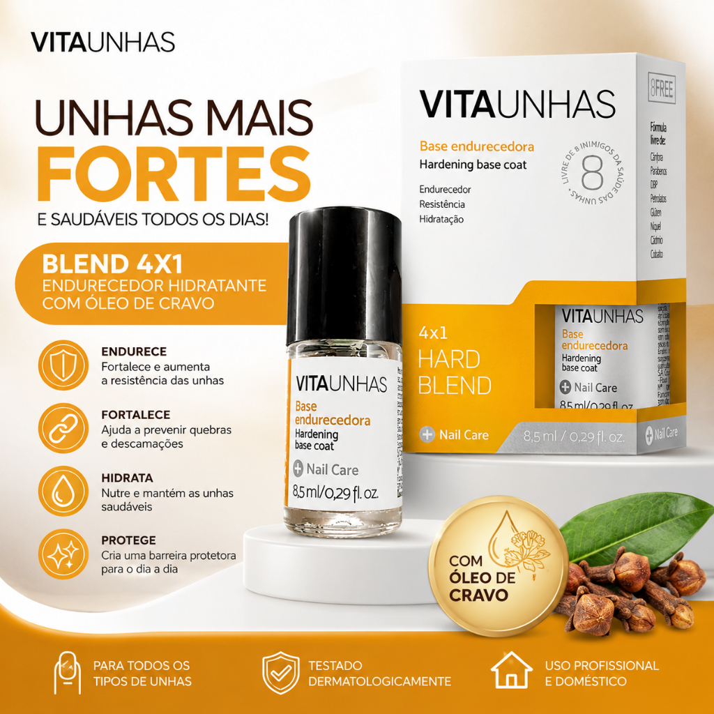 Base Endurecedora Vitaunhas 4x1 Óleo de Cravo Fortalecedor Para Unhas Fracas Quebradiças Crescimento Saudável 8,5ml