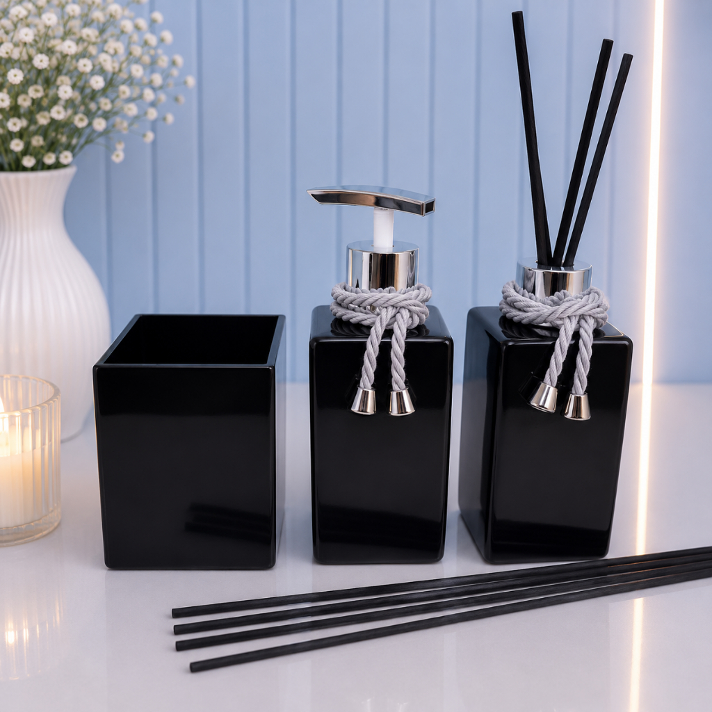 Kit Lavabo Luxo Retangular Preto 250ml 3 Peças + Pingente Decorativo + Porta Escova/Porta Pincel