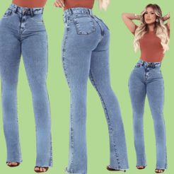 Calça Feminina Jeans Flare Cós e Cintura Alta Levanta Bumbum Com Lycra Elastano Bolsos Traseiros Pronta Entrega Promoção