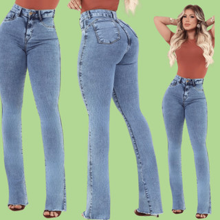 Calça Feminina Jeans Flare Cós e Cintura Alta Levanta Bumbum Com Lycra Elastano Bolsos Tr…