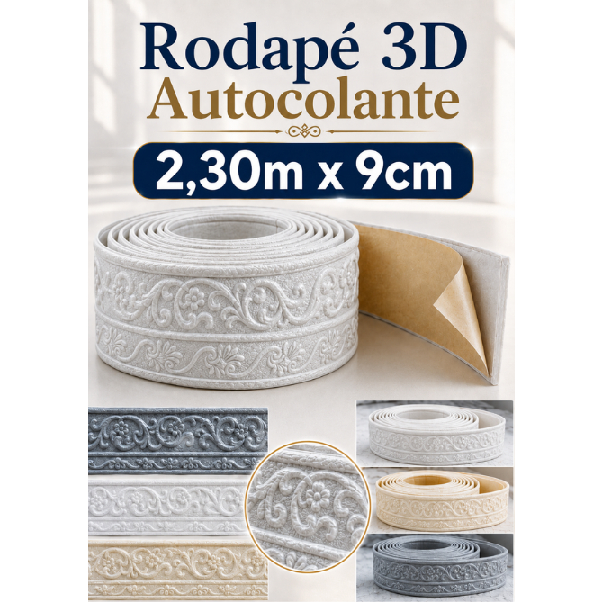 Rodapé 3D de 9cm x 2,30M Autocolante Piso Adesivo Impermeável Faixas Moldura
