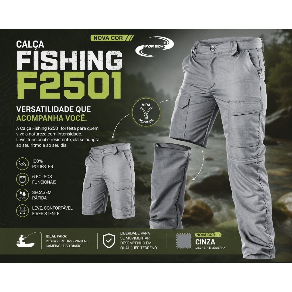 Calça Vira Bermuda Poly Rip Stop Pesca Fishing Trilha Camping Tecido Leve Fox Boy