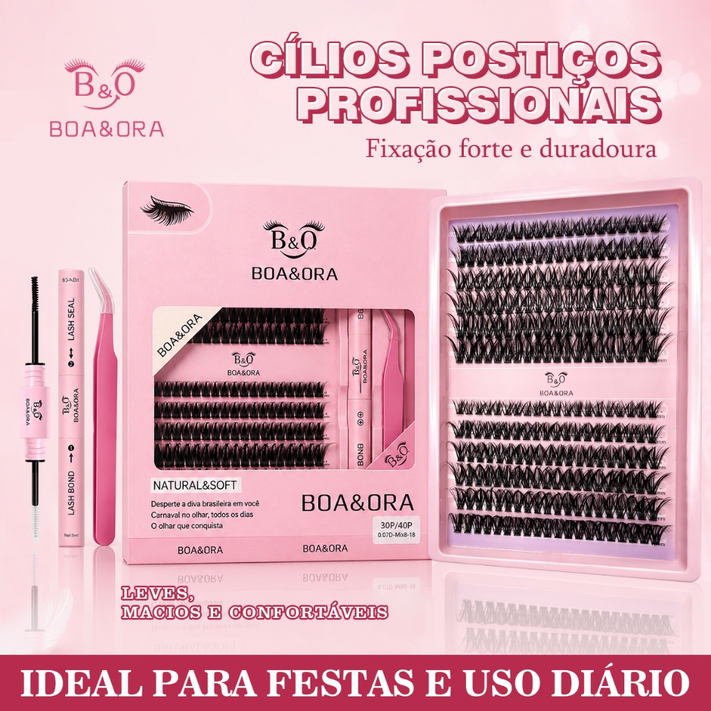 BOAORA Cílios Postiços DIY Volume Russo Wispy Manga 240-480 Tufos MIX 9-16mm Kit Completo com Cola e Pinça Profissional