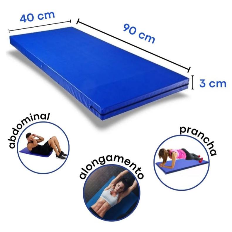 Colchonete Fitness Dobrável 90x40x3cm azul Academia Yoga Pilates Ginástica e Alongamento