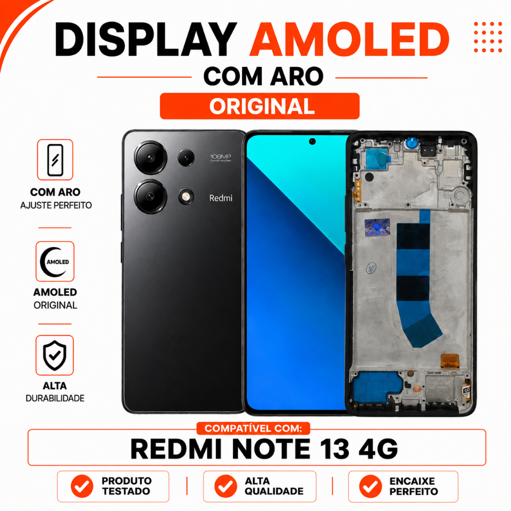 Display Redmi Note 13 4G Tela AMOLED Original Frontal Com Aro Chassi Módulo Com 