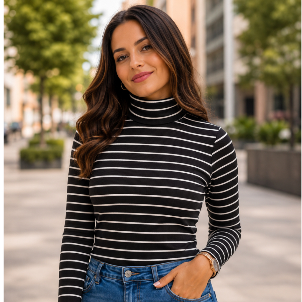 Blusa Feminina Gola Alta de Frio Confortável Básica Elegante Manga Longa Cacharrel Canelado