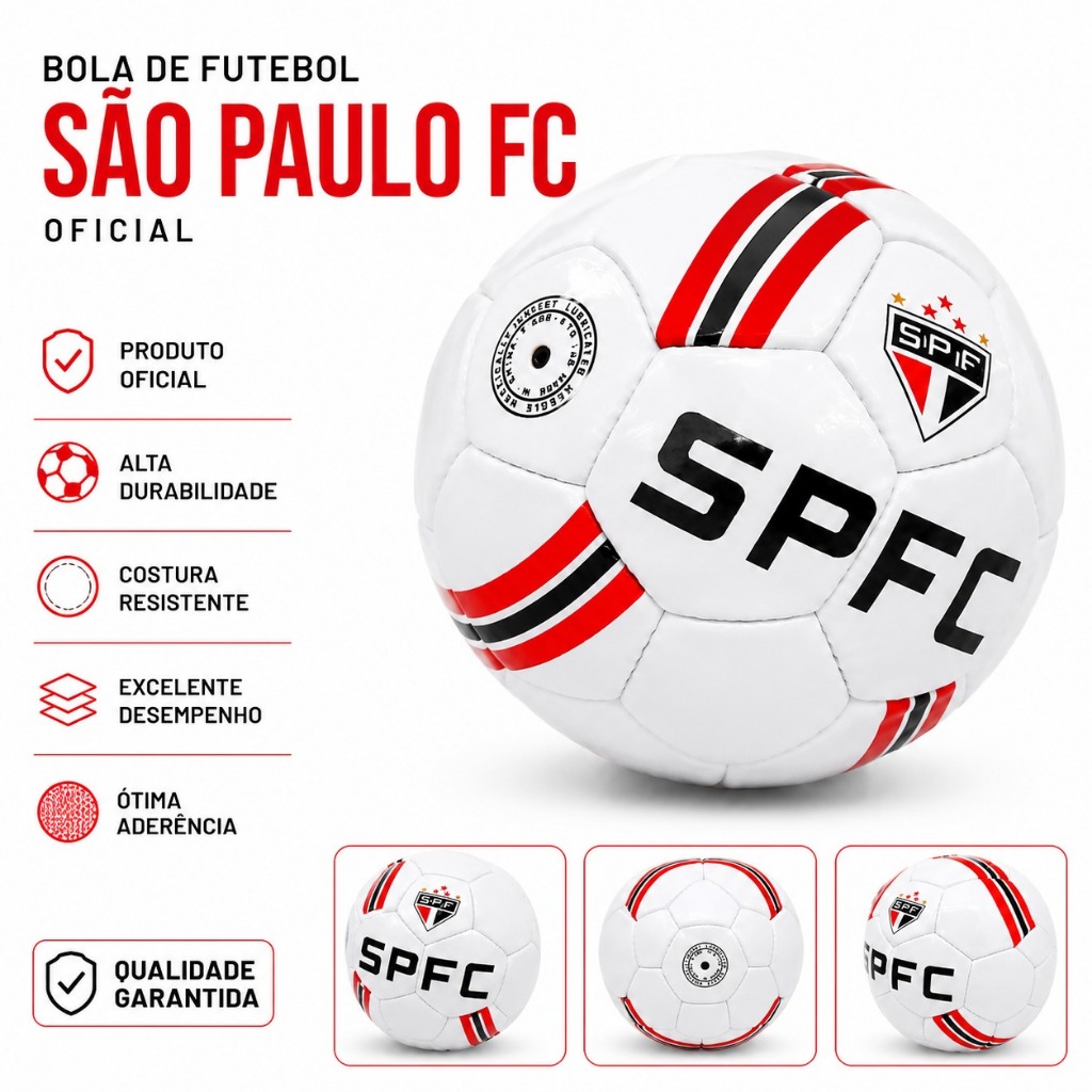 Bola de Futebol São Paulo FC Oficial Branca Costurada Alta Durabilidade Treino Campo e Lazer