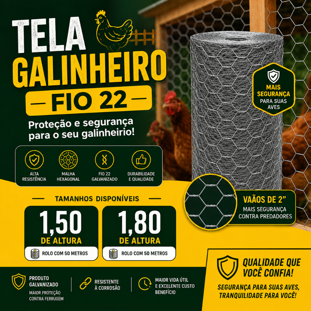 50 Metros Tela Galinheiro Fio 22 Galvanizada 1,50 e 1,80 de Altura Galinheiros. Gatil, Cercados e Viveiros