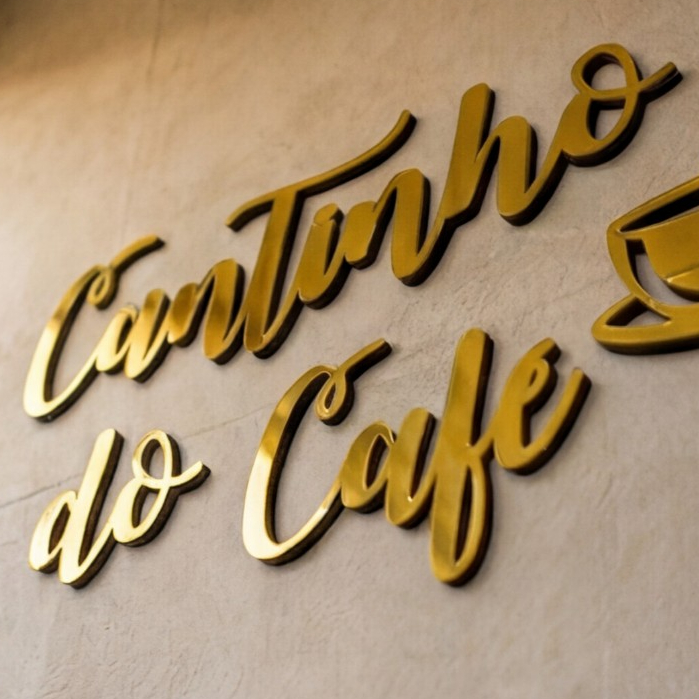 Letreiro Decorativo Cantinho do Café Acrílico Espelhado Parede Cozinha Dourado Prata Rose Gold