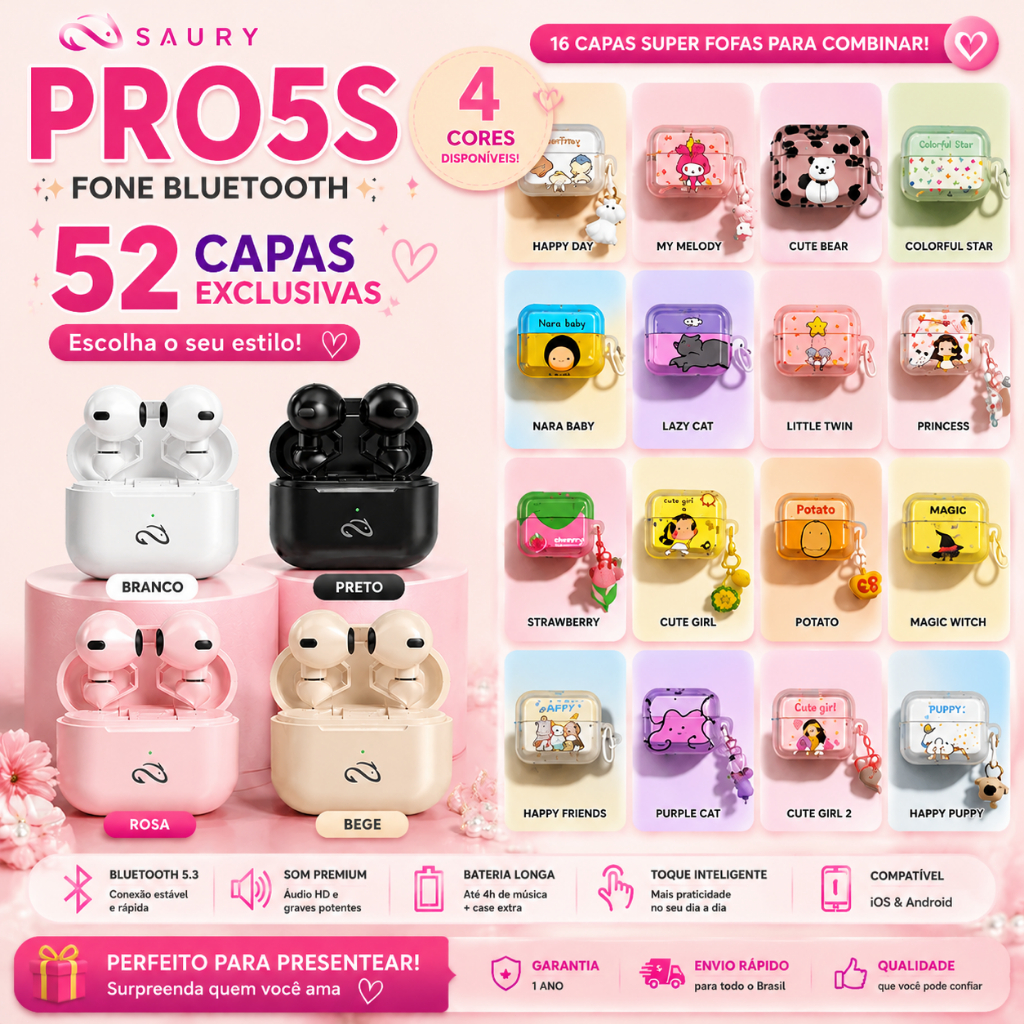 Kit SAURY PRO5S Capinha de Silicone + Fone Bluetooth Grátis, Capa Protetora Antiqueda com Design Fofo