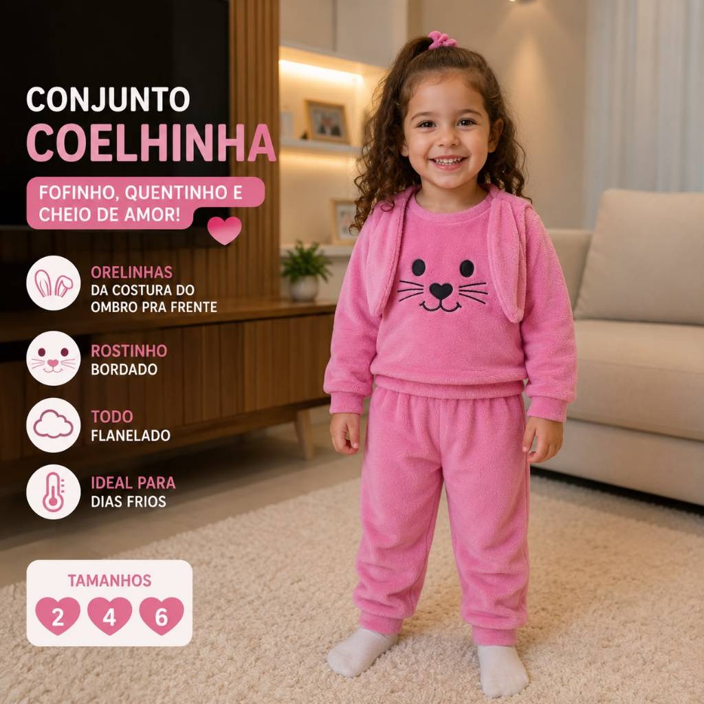 Conjunto Infantil 2 Peças Flanelado de Criança Com Orelhas Rosa  Azul Quentinho Lançamento 1 ao 4