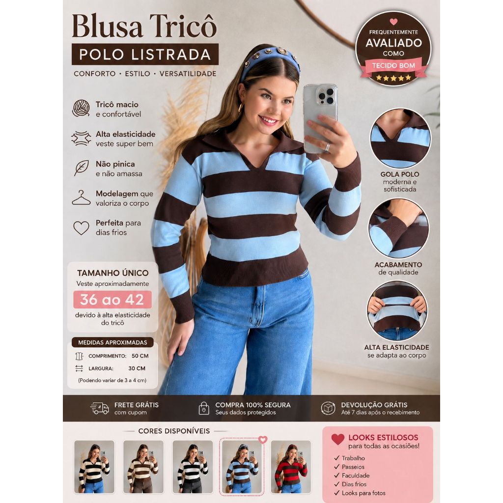 Blusa cropped Tricô Feminina Listrada Gola Polo Manga Longa Inverno Moda 2026| moda blogueira| tendecia