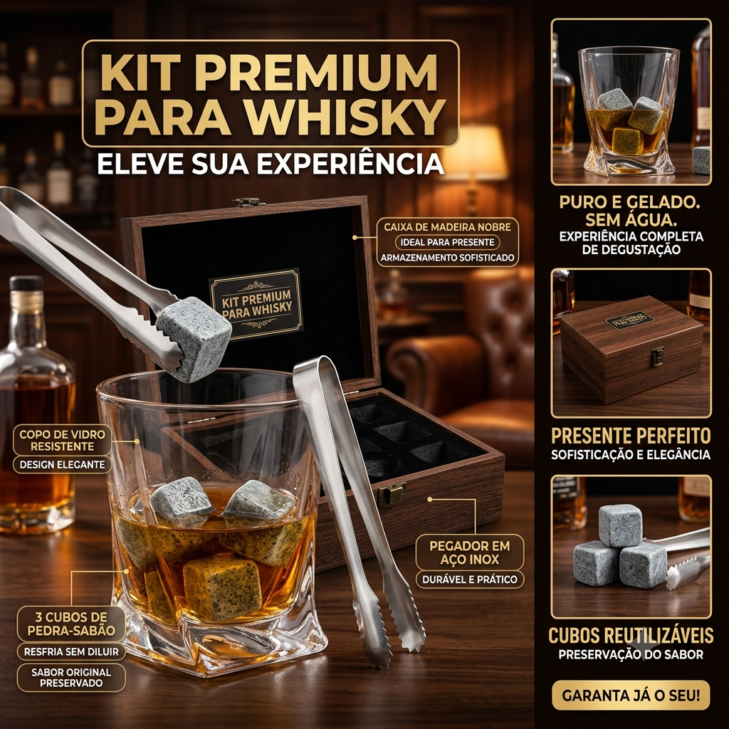 Kit Copo para Whisky + Pegador de Gelo + 3 Cubos de Pedra-sabão e Caixa de Madeira - Presente Fino