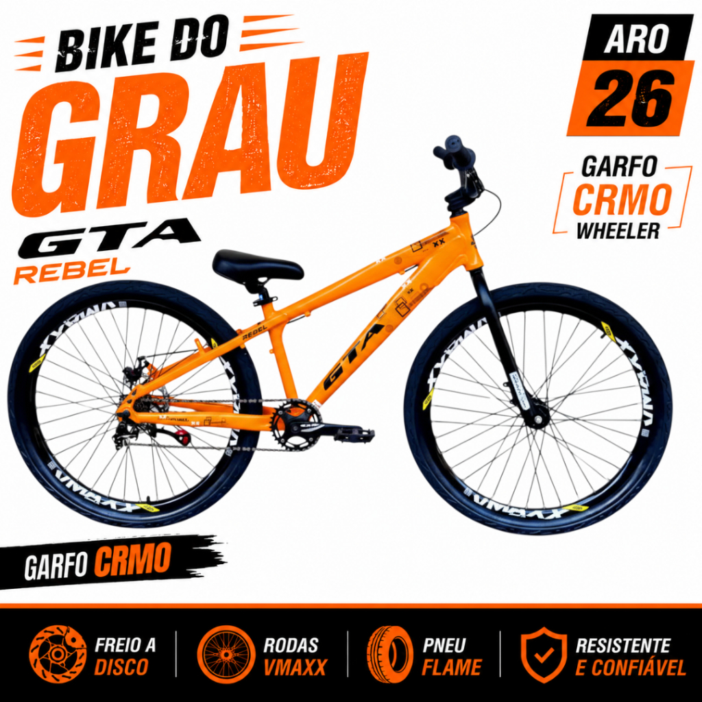 Bike Aro 26 GTA Rebel Single 1x1 Laranja Grau Garfo Crmo Wheeler Freio Disco Vmaxx Flame Tipo Gios/Brutus