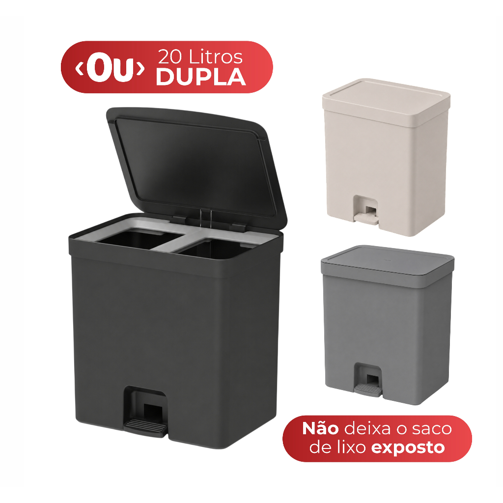 Lixeira de Pedal 20 Litros Duplo Compartimento Cozinha Esconde Saco Grande Cinza Preta Bege Trium OU