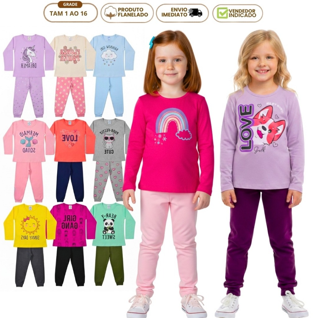 Kit 4 Peças Roupa Infantil Menina Outono Inverno 2 Camiseta Manga Longa 2 Calça Moletom Algodão Conjunto Feminino