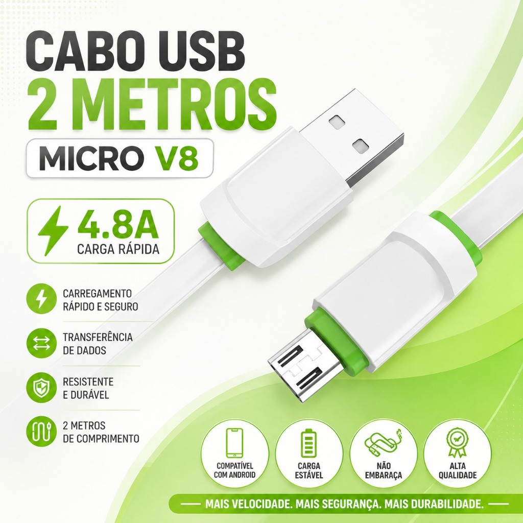 Cabo Micro USB V8 2M 4.8A Turbo Carga Rápida e Dados