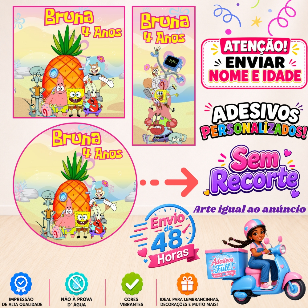Bob Esponja Rosa - 100/60/40 Adesivos Personalizados Lembrancinhas Festa Aniversário