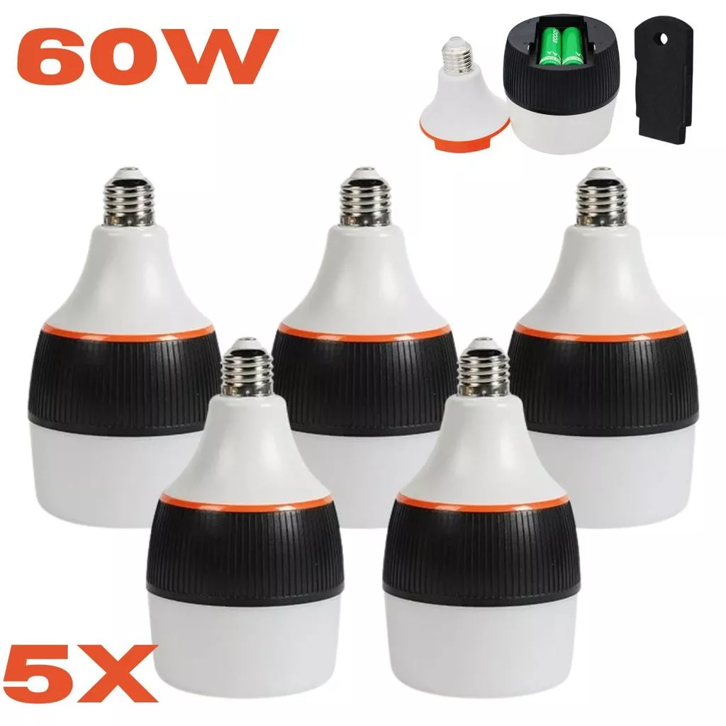 Kit 5 Lâmpadas de Emergência 60W Recarregáveis E27 Até 6 Horas Ligada Após Falta de Energia Bivolt